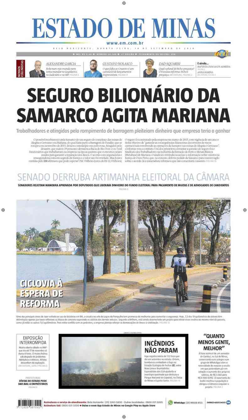Confira a Capa do Jornal Estado de Minas do dia 18/09/2019(foto: Estado de Minas)