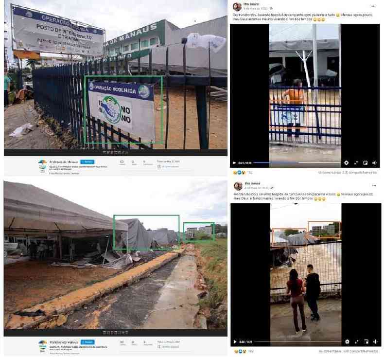 Comparao feita em 10 de maio de 2021 entre fotos publicadas no Flickr da Prefeitura de Manaus e capturas de tela de vdeo publicado no Facebook