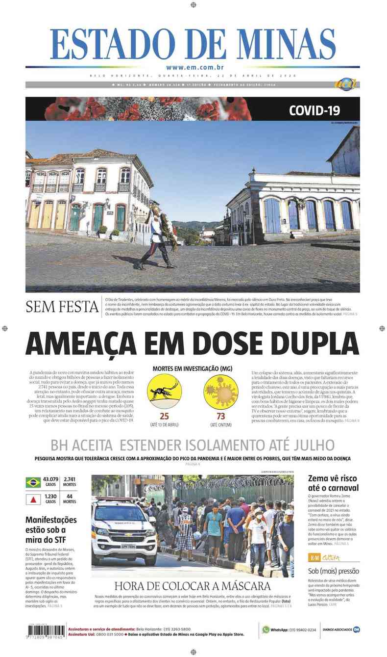 Confira a Capa do Jornal Estado de Minas do dia 22/04/2020(foto: Estado de Minas)