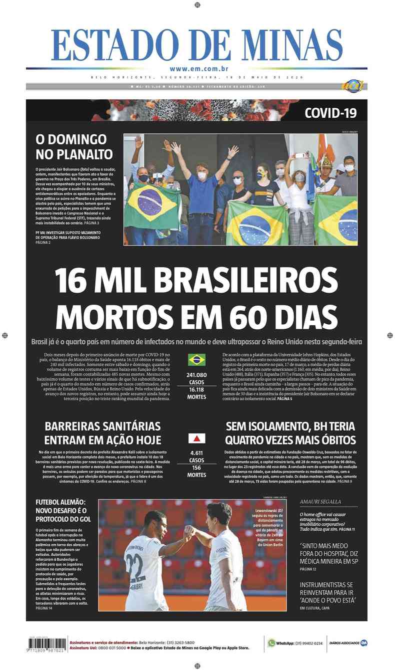Confira a Capa do Jornal Estado de Minas do dia 18/05/2020(foto: Estado de Minas)