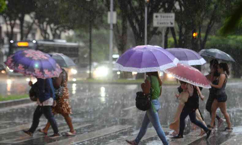 Foto com pessoas andando com guarda-chuvas na rua 