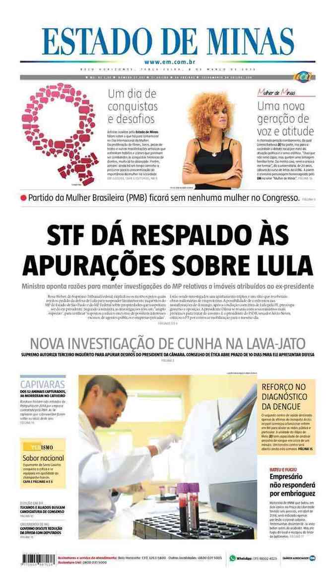 Confira a Capa do Jornal Estado de Minas do dia 08/03/2016