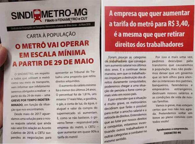 Sindimetro-MG distribuiu material sobre a greve da categoria marcada para amanhã (clique para ampliar)(foto: Lucas Negrisoli/Divulgação) Sindimetro-MG distribuiu material sobre a greve da categoria marcada para amanhã (clique para ampliar)(foto: Lucas Negrisoli/Divulgação)