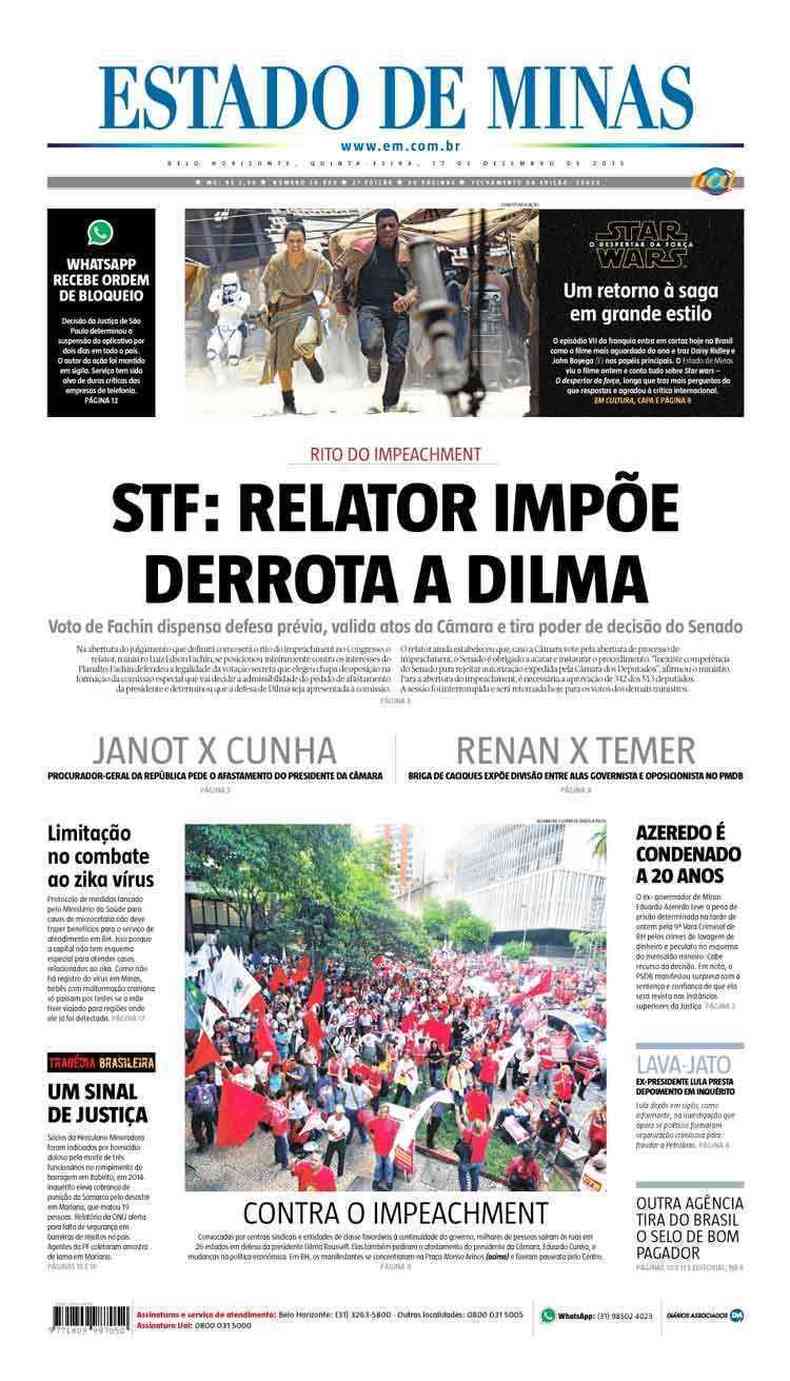 Confira a Capa do Jornal Estado de Minas do dia 17/12/2015
