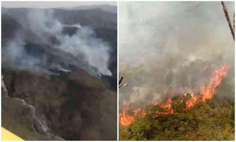 Equipe da fora-tarefa registra imagens, por volta das 12h de hoje, do incndio no parque do Itacolomi(foto: Corpo de Bombeiros/Divulgao)