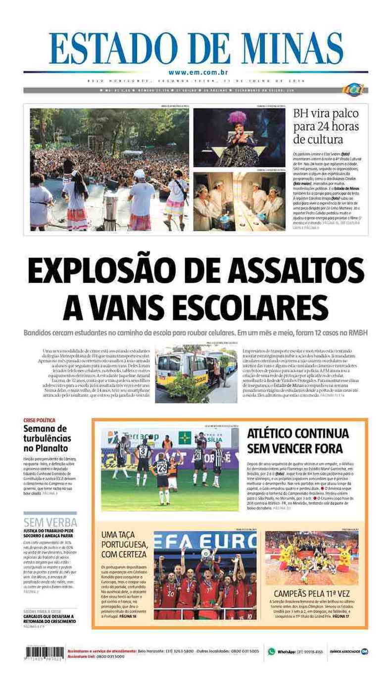 Confira a Capa do Jornal Estado de Minas do dia 11/07/2016