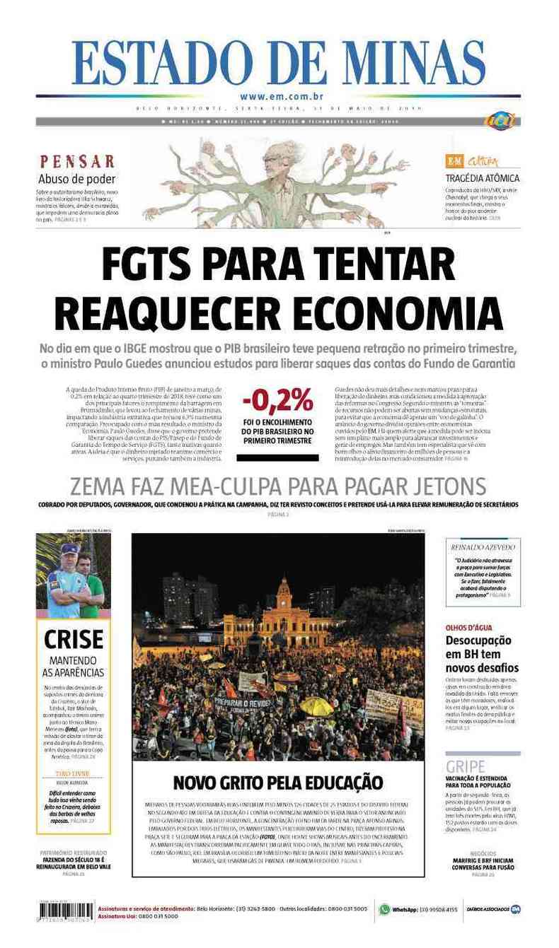 Confira a Capa do Jornal Estado de Minas do dia 31/05/2019(foto: Estado de Minas)
