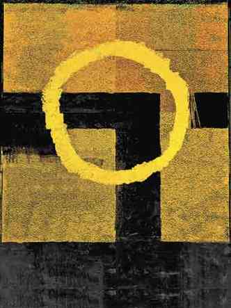 Crculo amarelo sobre quadrados cercados de preto na obra Quadrantes, de Tom Myasaka